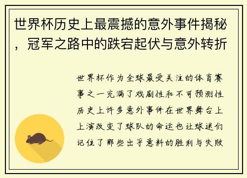 世界杯历史上最震撼的意外事件揭秘，冠军之路中的跌宕起伏与意外转折