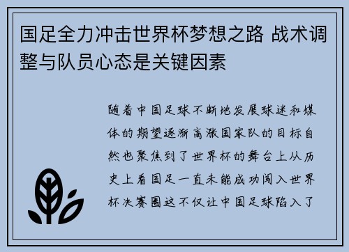 国足全力冲击世界杯梦想之路 战术调整与队员心态是关键因素