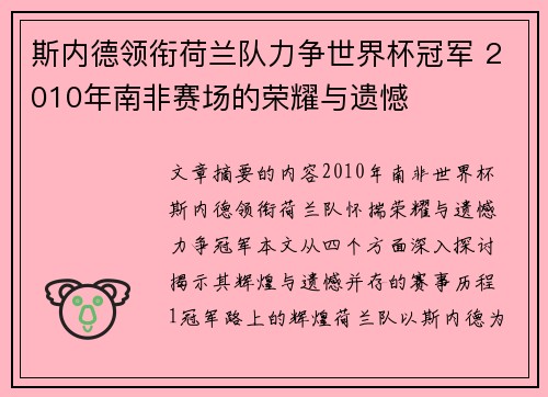 斯内德领衔荷兰队力争世界杯冠军 2010年南非赛场的荣耀与遗憾