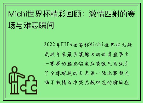 Michi世界杯精彩回顾：激情四射的赛场与难忘瞬间