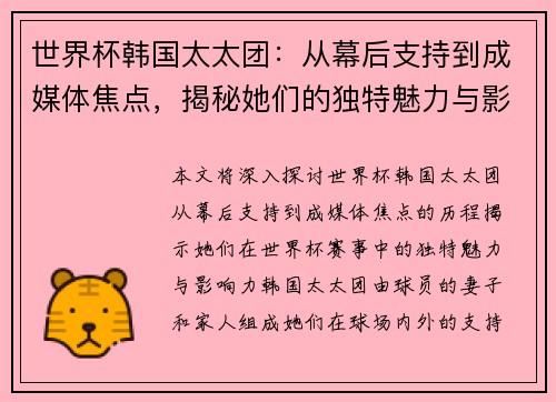 世界杯韩国太太团：从幕后支持到成媒体焦点，揭秘她们的独特魅力与影响力